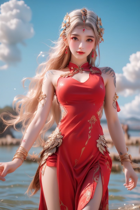 1girl,cowboy shot,magical abstraction, (magical glow:1.4), white wavy hair, (delicate and beautiful oriental face), perky breasts, (upper thighs shot:1.3), cloudy night, (fantasy style, 8K, masterpiece, best quality:1.15), 
(intricate details:0.9), (hdr, hyperdetailed:1.2),Fantasy,magiccircle,glowing sword,sword inthecenter,(floating in sky:1.2),long hair,headwear,(standing),((dress,skirt)),, (chinese_clothes), ((tattoo)), (jewelry), (bracelet),((full body,whole body)),sweet smile, (medium breasts),((hair_ornament)),(cleavage:0.797), ((looking_at_viewer)),