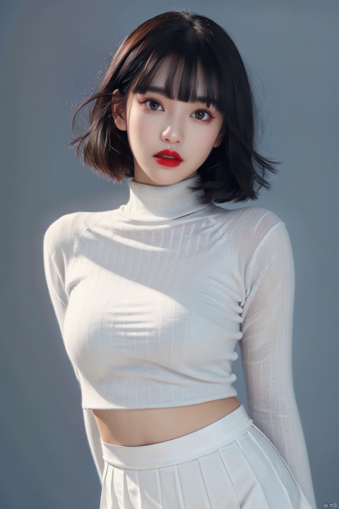 1girl, solo, black hair, looking at viewer, short hair, parted lips, red lips, upper body, blue background, black eyes, lips, shirt, teeth, sweater, turtleneck, bangs, simple background, black shirt, makeup, lipstick, UHD, anatomically correct, ccurate, textured skin, 16k, flowing skirts,Giant flowers,