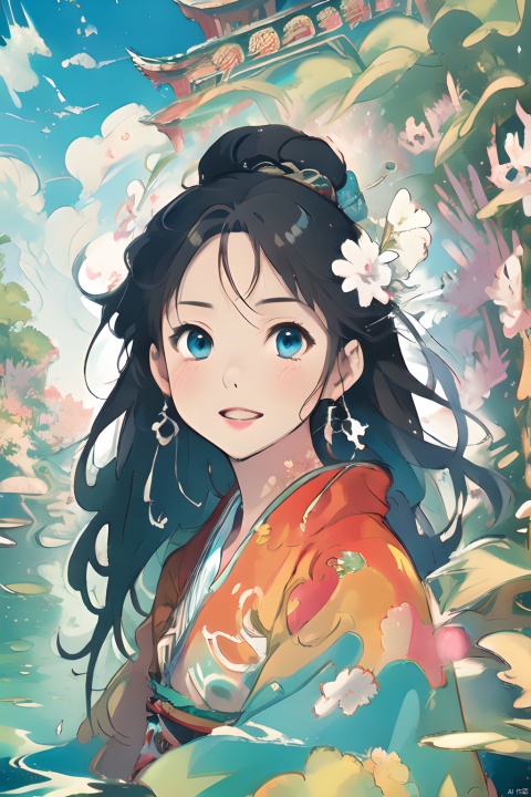  (Masterpiece:1.2), (high quality),(Pixiv:1.4),fansty world,(Delicate background),outdoor,water,floating,colorful world,kimono,beautiful face,1girl,anime,girl,Chinese style,watercolor