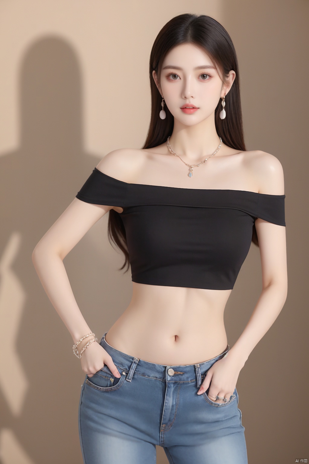  sdmai,lanmeng,1girl,solo,jewelry,realistic,long hair,necklace,Black slim fit jeans,bracelet,black hair,white shirt,off-shoulder shirt,shirt,ring,midriff,earrings,looking at viewer,parted lips,off shoulder,bare shoulders,navel,standing,（full-size photograph：1.6）,sleeveless,