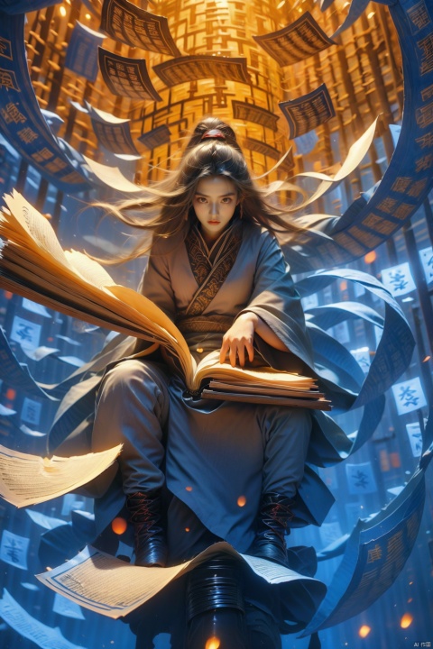  (Masterpiece), (Best quality), (Detailed details), 1girll, Holding a magic book,opened book,cabelos preto e longos,Hanfu, (Surrounded by spells:1.2), Flowing reels,,(Blue runes), Best picture quality, 3Drenderingof, Looking up, ultra-wide-angle, fish eye, Lens focus,Full body photo, 16k, hyper HD, A high resolution, Very detailed, Best picture quality,hand101