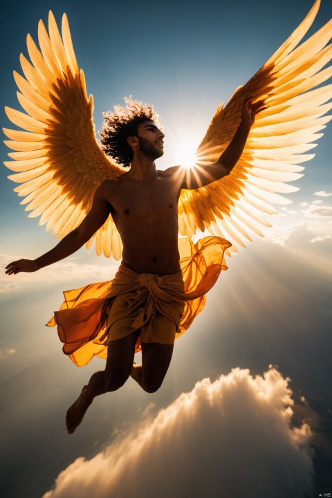 awe-inspiring dramatic shot of the young and reckless Icarus flying with wax wings near the sun and the wings are melting in the heat and he begins to fall, high angle, view from above, intentional camera movement, theatrical gestures, dramatic pose, golden clouds, Greek mythologycore, photograph taken by fujifilm XT-4, f/1.8 lens, tilt-shift lens, tilt angle perspective, stunning, visually mind-blowing, hyper-detailed, beautifully color-coded, photorealistic, scorching sunlight, dark shadows, clean sharp focus, depth of field, dynamic angle, mesmerizing and dynamic composition,unreal engine, beautiful bokeh