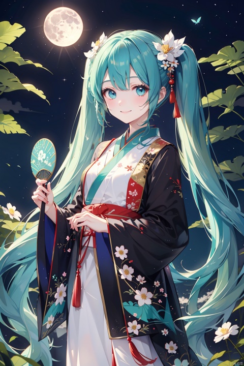  1girl, flower, paper fan, uchiwa, solo, hatsune miku, hand fan, long hair, holding, hair flower, hair ornament, shawl, chinese clothes, hagoromo, holding fan, butterfly, hanfu, bug, twintails, very long hair, wide sleeves, looking at viewer, moon, night, long sleeves, sky, white flower, bangs, aqua hair, smile, tassel, night sky, full moon