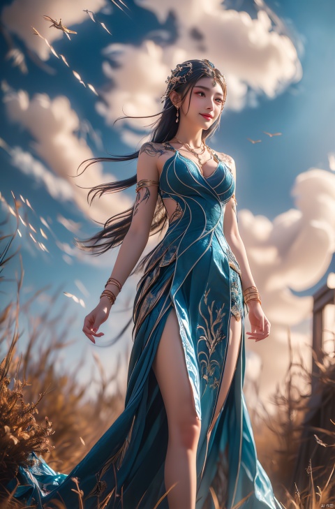  1girl,cowboy shot,magical abstraction, white wavy hair, (delicate and beautiful oriental face), perky breasts, (upper thighs shot:1.3), (fantasy style, 8K, masterpiece, best quality:1.15), (flying in the sky:1.6),
(intricate details:0.9), (hdr, hyperdetailed:1.2),magiccircle,(floating:1.2),long hair,headwear,(standing),((dress,skirt)),, (chinese_clothes), ((tattoo)), (jewelry), (bracelet),((full body,whole body)),sweet smile, (medium breasts),((hair_ornament)),(cleavage:0.797), ((looking_at_viewer)),  fazhen