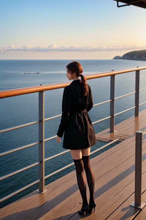  Girl in black stockings standing on the bridge looking at the sea, The style is realistic and stylized, cabincore, animated gif, atmospheric device, light gray and bronze, painting, rinpa school, Dasha Taran,