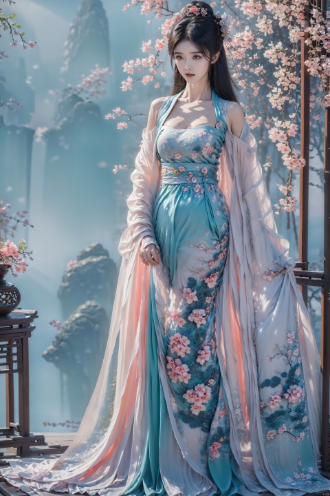  1girl, long hair, breasts, looking at viewer, hair ornament, long sleeves, dress, cleavage, indoors, wide sleeves, white dress, chinese clothes, table, realistic, Hanfu,(huge and full breasts: 1.3), (full breasts), necklace, tree, outdoor, outside,Flower Sea, Cliff Edge, full body, Bare shoulders,white hair, black hair,Headbands,swing,waterfall, 

robe
veil
cloak
jewelry
standing
lake
Light green mixed with light gray style hair, yifu, sdmai, fengwu, han style, dress floral print,