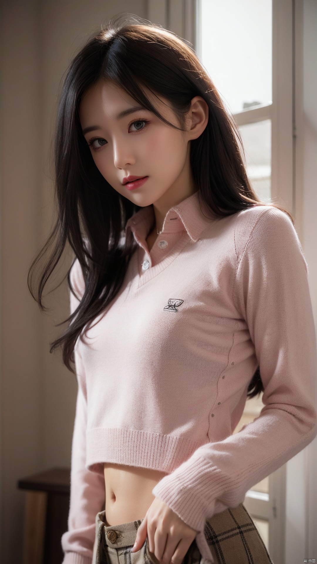  1girl,moyou,solo,upper body,white background,black hair,face front,upper body,studio light,studio,side light,makeup portrait,pink eye shadow,(Perfect female body:1.2),(small breasts:1.2),(linea alba:1.2),preppy style,collared shirts,khaki pants,cable knit sweaters,loafers,blazers,plaid skirts,( chiaroscuro,Fujicolor, UHD, super detail ,raw,85mm,f/1.2,FujifilmXT4,),hair in front,her hair rested on her shoulders,sun behind,(from below:0.3),slim hip,float hair,floating hair,flying hair,hair blown by the wind,flat chest,gold sweater with pink stripes,