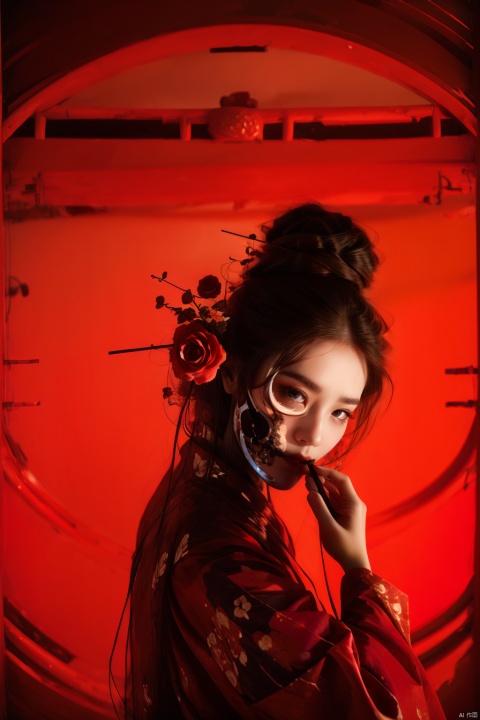  1girl, solo, long hair, looking at viewer, brown hair, black hair, hair ornament, long sleeves, holding, brown eyes, upper body, flower, hair flower, hair bun, from side, rose, chinese clothes, single hair bun, red flower, red background, hair stick, red theme