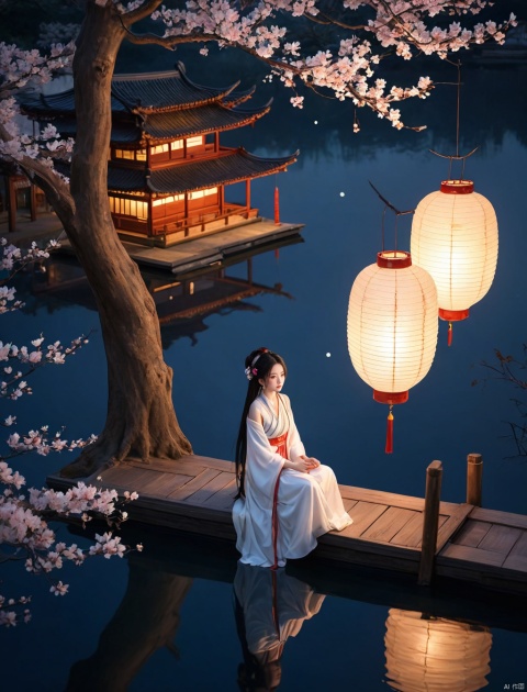  chaloujiusi,(from above:1.1),scenery,architecture,lantern,east asian architecture,paper lantern,(Big tree:1.2),
1girl,solo,long hair,black hair,hair ornament,dress,holding,bare shoulders,jewelry,sitting,closed mouth,full body,flower,water,night,chinese clothes,looking down,moon,cherry blossoms,night sky,full moon,branch,ripples,lotus,
