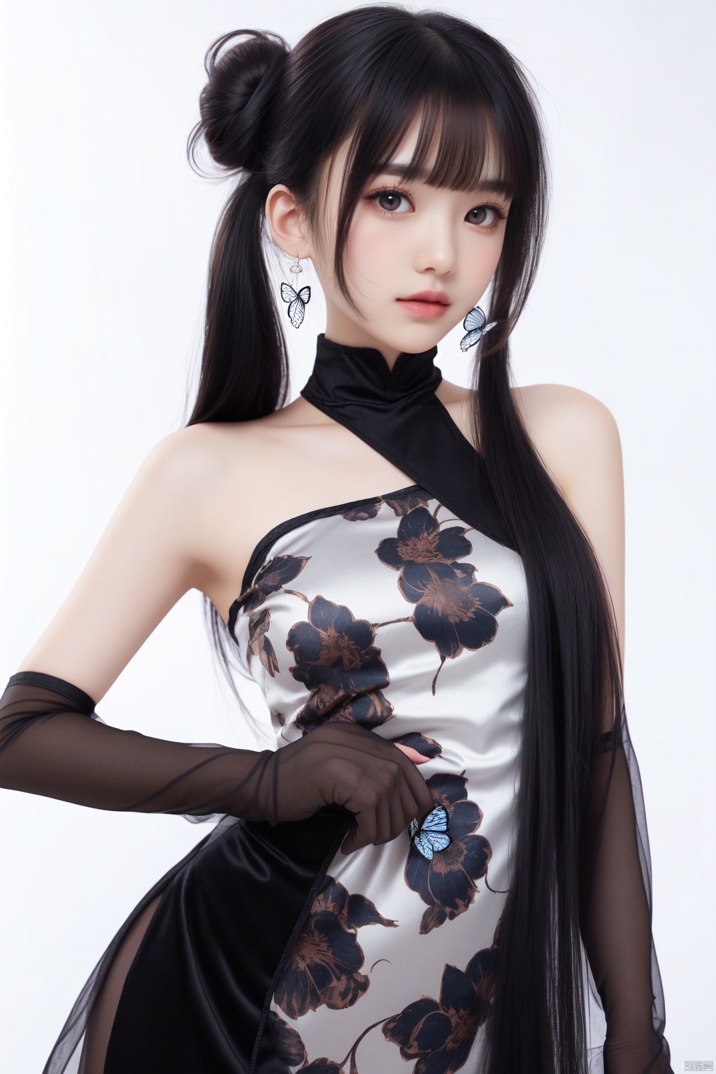  solo, dress, 1girl, hair bun, twintails, double bun, china dress, white background, chinese clothes, simple background, long hair, black dress, looking at viewer, bare shoulders, sleeveless dress, hair ornament, blush, off shoulder, grey hair, sleeveless, gloves, butterfly hair ornament, black gloves, striped, very long hair, bangs, vertical stripes, pelvic curtain, closed mouth