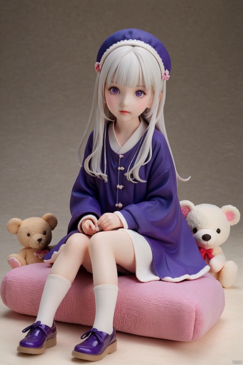  1girl,loli,no shoes,solo,long hair,purple eyes,soles,feet,stuffed toy,stuffed animal,white hair,long sleeves,looking at viewer,bangs,sitting,closed mouth,very long hair,sleeves past wrists,shirt,blue shirt,foreshortening,full body,legs,teddy bear,knees up,curtains,straight_hair, loli