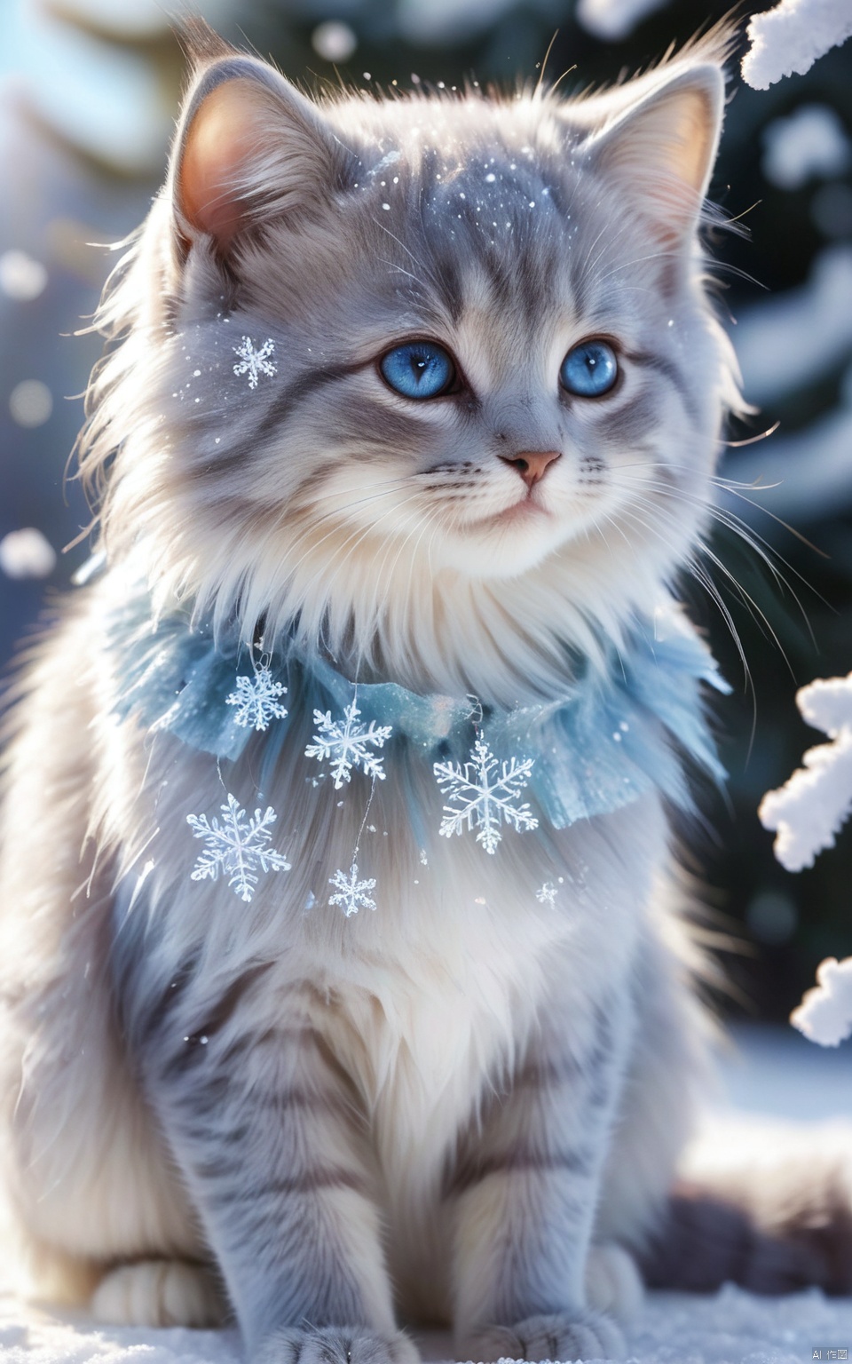  (best quality),(masterpiece),little fluffy blue kitten playing with little snowflakes,small detailed eyes with highlights,long eyelashes,fur,original style,cute,cute and charming,fantasy with glowing eyes,sparkling Sun,soft light,glitter,professional photo,beautiful,3d,realistic,8k,high resolution,cgi,hyperrealism,1/300's,highly detailed digital painting,bizarre,
