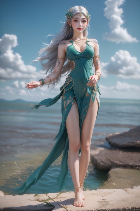 1girl,cowboy shot,hand on own chest,magical abstraction, (green biolumenescent magical glow:1.4),  (pale skin:1.1), white wavy hair, (delicate and beautiful oriental face), perky breasts, (upper thighs shot:1.3), cloudy night, (fantasy style, 8K, masterpiece, best quality:1.15), 
(intricate details:0.9), (hdr, hyperdetailed:1.2),Fantasy,magiccircle,glowing sword,sword inthecenter,(floating in sky:1.2),long hair,headwear,(standing),(white hair),((dress,skirt)),, (chinese_clothes), ((tattoo)), (jewelry), (bracelet),((full body,whole body)),sweet smile, (medium breasts),((hair_ornament)),(cleavage:0.797), ((looking_at_viewer)),(bare feet,:1.2)(flying in the sky:1.6)