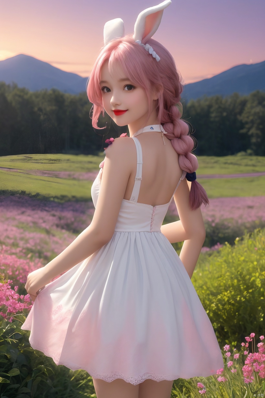 A girl is on a country road,the country road is planted with flowers of various colors on both sides,(before the girl is a little rabbit running to the girl),the girl is touching the flowers with her hands,Winding road,in front of a row of mountains,the main color of the mountain is purple,pink sky,sunset,watercolor,soft color rendering,A very lovely little girl,cute kawaii girl,chibi,(The girl wears a white dress,) Pink hair,braid,medium hair,A pink bow,blush,smile,(Girls don't stand out),From the back,(full view), red lips