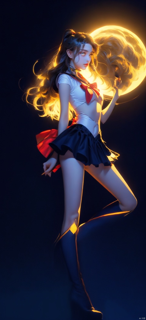  1 girl, with long yellow hair, high legs, high legs, high kicks, exquisite black stockings, medium chest, slender waist, looking down, the best quality, masterpiece, original, very, very good quality, representative work, very detailed, beautiful face, black eyes, long hair, long legs, red boots, seductive eyes, sailor moon, starry background, moon background, modern technology city

, sssr, klein_blue