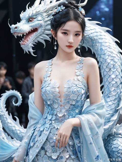  Transparent blue and white porcelain PVC skin, transparent blue and white porcelain colored skin scales, prisms, holography, color difference, fashion illustrations, masterpieces, Chinese dragon and Harajuku fashion, looking at the audience, 8k, super detailed, pixiv