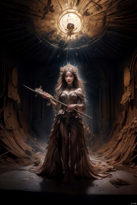  Queen, holding a long sword, a perfect long sword, a straight sword, Full body display, leaning against the ruins, with a floating skeleton in the background. The Queen's expression is enchanting, her posture is seductive, her hand is holding her face, and there is a flicker of evil energy runes in the background, blood mist filled, and soft light. My feet are covered in bones. Skeletons, many skeletons. Black stockings. Official art, unit 8 k wallpaper, ultra detailed, beautiful and aesthetic, masterpiece, best quality, extremely detailed, dynamic angle, paper skin, radius, iuminosity, cowboyshot, the most beautiful form of Chaos, elegant, a brutalist designed, visual colors, romanticism, by James Jean, roby dwi antono, cross tran, francis bacon, Michael mraz, Adrian ghenie, Petra cortright, Gerhard richter, Takato yamamoto, ashley wood, atmospheric, ecstasy of musical notes, streaming musical notes visible, flowers in full bloom, many bird of parade, deep forests, sunlight, atmosphere, rich details, full body lens, shot from above, shot from below, detail background, beautiful sky, floating hair, perfect face, exquisite facial features, high detail, smile, Fisheye lens, dynamic angle, dynamic posture,