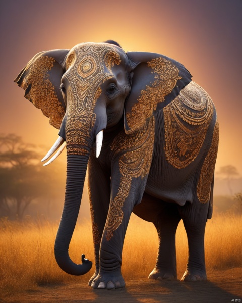 A majestic elephant adorned with intricate ceremonial paint, bathed in the golden light of sunset