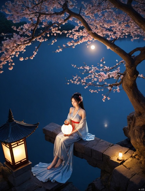  chaloujiusi,(from above:1.1),scenery,architecture,lantern,east asian architecture,paper lantern,(Big tree:1.2),
1girl,solo,long hair,black hair,hair ornament,dress,holding,bare shoulders,jewelry,sitting,closed mouth,full body,flower,water,night,chinese clothes,looking down,moon,cherry blossoms,night sky,full moon,branch,ripples,lotus,
