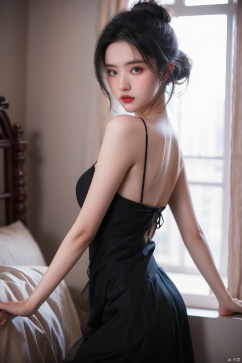  best quality,masterpiece,ultra high res,looking at viewer,studio,side light,makeup portrait,black eyeshadow,
, half updo, sexy black nightgown, bedroom scene, soft lighting, sensual atmosphere, peaceful ambiance, professional photography, perfect composition., 1girl, sara style, yosshi film, liuyifei, Detail, chang, CyberpunkAI, Girl, Geometric design style, dancing diva