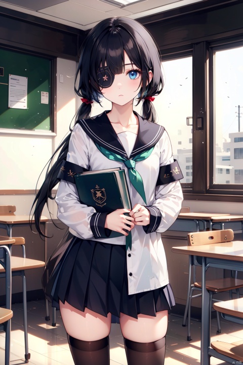  1girl, solo, thighhighs, school uniform, twintails, skirt, broken glass, long hair, eyepatch, low twintails, holding, black thighhighs, looking at viewer, sailor collar, serafuku, green neckerchief, blue eyes, pleated skirt, armband, book, long sleeves, bangs, neckerchief, glass, standing, black hair, zettai ryouiki, shirt, holding book, collarbone