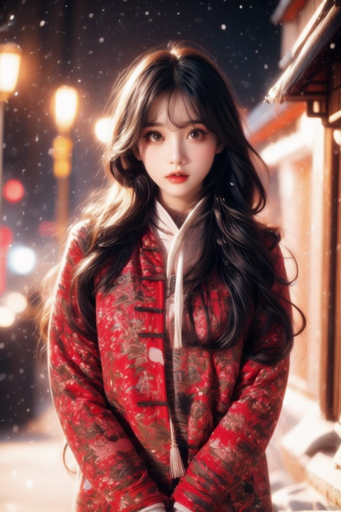  a girl,red wavy long curly hair, beautiful and detailed eyes, scarf, sweater, winter, snowing, standing under the street lamp, upper body, night, night, backlighting,kamisama, northeast big flower jacket, northeast big flower jacket