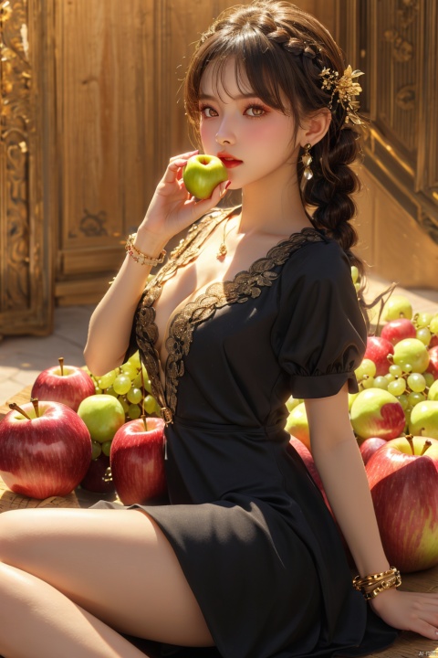  1girl, solo, long_hair, breasts, looking_at_viewer, blush, bangs, brown_hair, hair_ornament, red_eyes, dress, hair_between_eyes, jewelry, medium_breasts, closed_mouth, braid, short_sleeves, earrings, lying, parted_lips, food, hand_up, on_back, nail_polish, black_dress, bracelet, see-through, fruit, apple, see-through_sleeves, grapes, orange_\(fruit\), red_apple