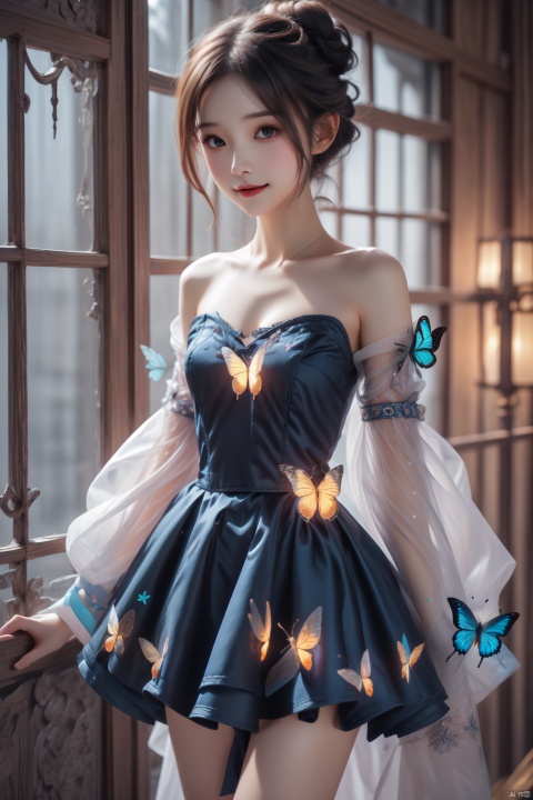  1girl, uruha_rushia, solo, hair_bun, double_bun, dress, virtual_youtuber, butterfly_print, butterfly, blue_dress, bug, animal_print, short_dress, green_hair, detached_sleeves, open_mouth, blue_butterfly, looking_at_viewer, blush, frilled_dress, smile, wide_sleeves, short_hair, hair_ornament, frills, red_eyes, skull_hair_ornament, bangs, from_below, glowing_butterfly, long_sleeves, multicolored_hair, blue_hair, breasts, cowboy_shot, thighs, blue_sleeves, brooch, gradient_hair, strapless, cleavage_cutout, small_breasts, flat_chest, Gauze Skirt, hologram girl