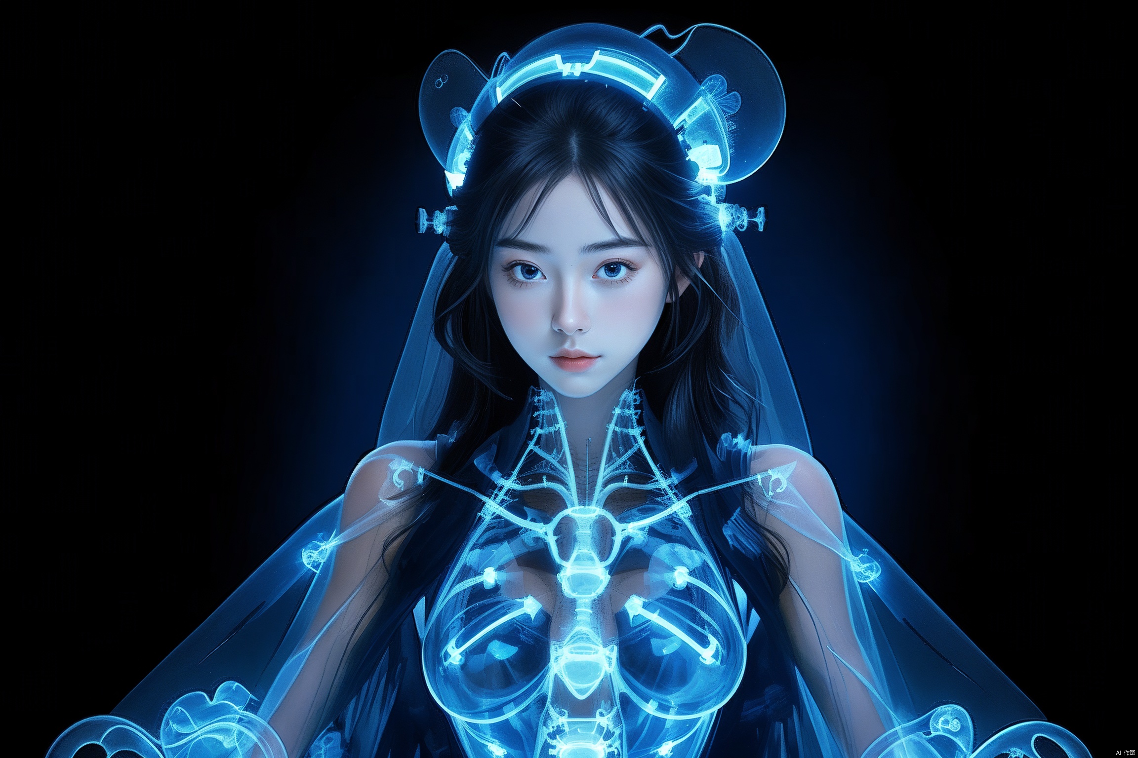  (((masterpiece, best quality))), ((good structure, Good composition, good atomy)), ((clear, original, beautiful)),,1girl,long hair,fantasy,xray girl,blue theme,Tech Lab,