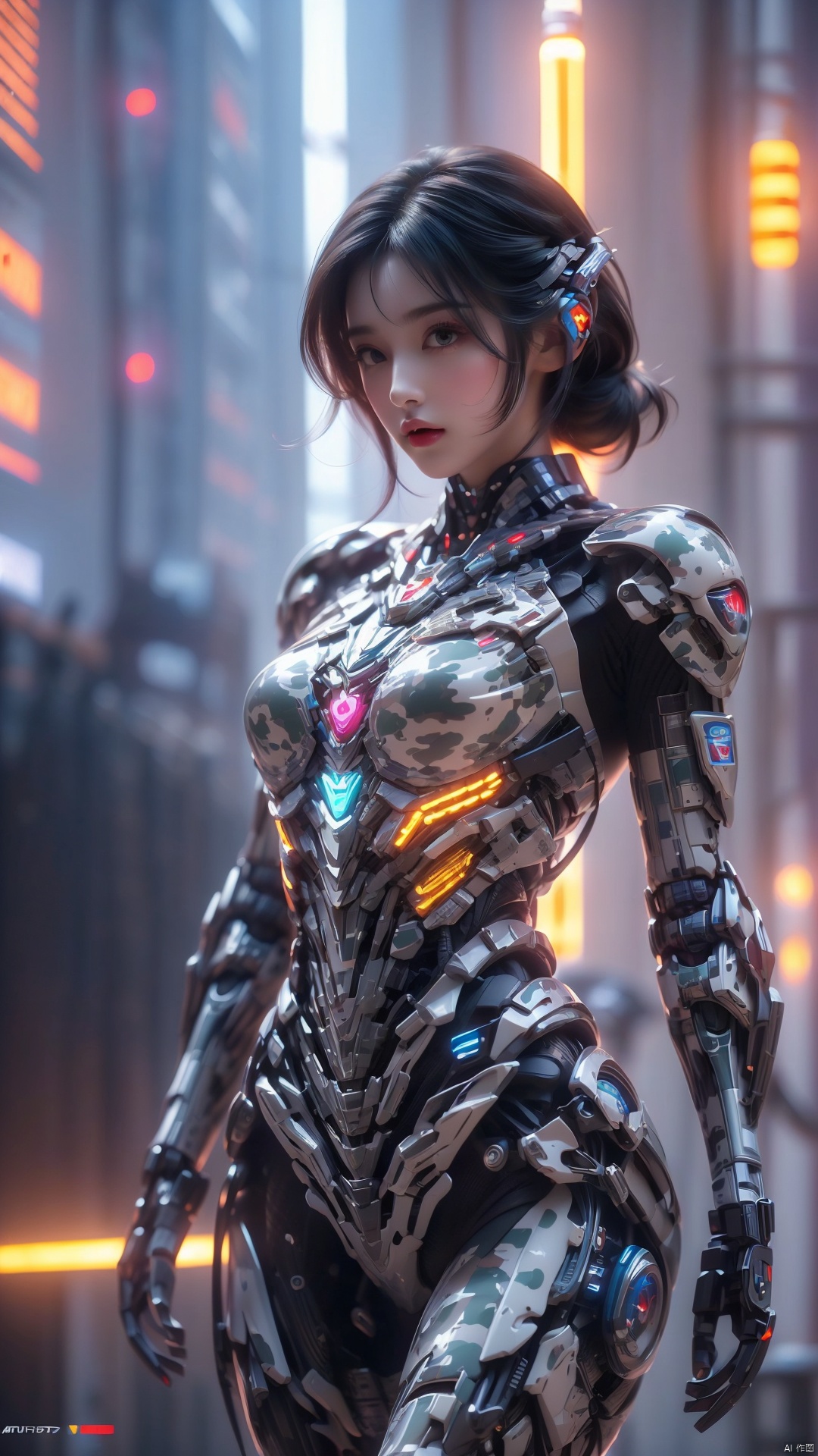  extremely detailed CG unity 16K wallpaper, (raw photography, cyberpunk:1.3), science fiction, (photorealistic, highest quality, masterpiece:1.2), (correct anatomy:1.5), POV, (from front:1.4), (from blow:1.1), dynamic angle, 1 girl, ((female soldier with mechanize body:1.4)), solo, ((full body shot:1.2)), black hair, short hair, fairly detailed skin, tan, realistic and bright eyes, highly detailed nose and lips, expressionless, ((camouflaged-body armor, equipped with rocket engine and wings for flying:1.5)), (((flying, holding 1 large blaster rifle:1.3))), slender, beautiful breast, (((outdoor, daytime, futuristic city, battlefield, shootout:1.5))), cinematic lighting, professional photo, depth of field, sharp focus, highest resolution, ultra high res
