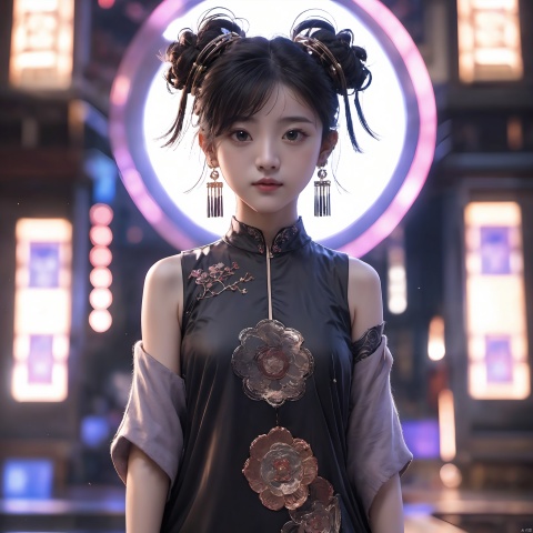  sdmai, quanxishaonv, 1girl, solo, double bun, dress, realistic, hair bun, earrings, jewelry, looking at viewer, black hair, chinese clothes, brown eyes, blurry, black dress, sleevelessdress