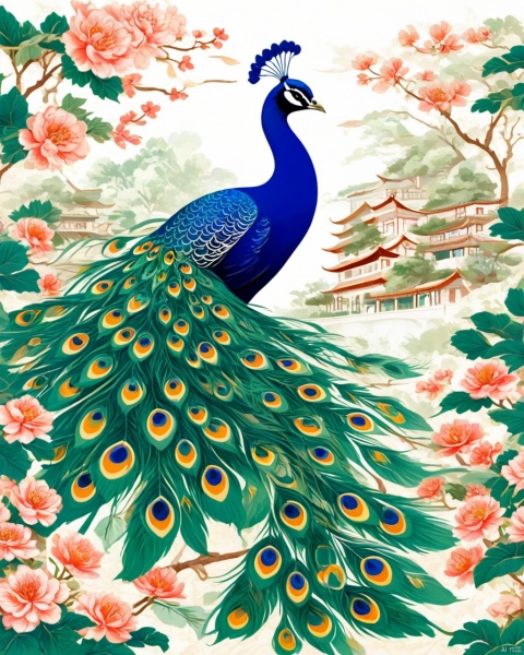  Peacock,oriental floral,Geometry,Chinese ancient town,vector illustration