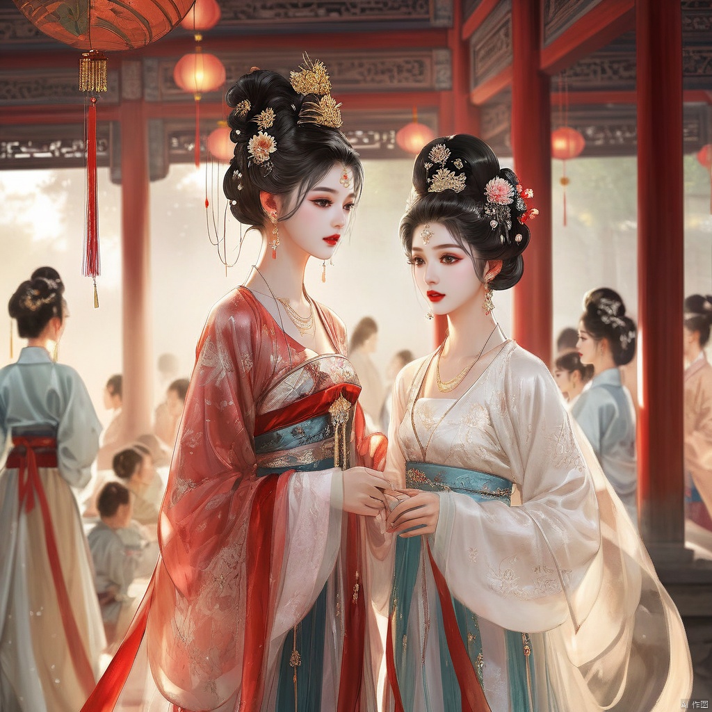  (best quality), ((masterpiece)), (highres),solo focus, detailed illustration of girls in stunning Hanfu attire are talking to each others, at an ancient Chinese banquet. Adorned with jewelry and beautiful hair ornaments, they exude elegance. Their black hair, red lips, facial decoration, and traditional makeup complement their attire. Each girl's long sleeves, earrings, and intricate hairstyles add to their charm. Despite their number, the focus remains on their collective beauty and grace.