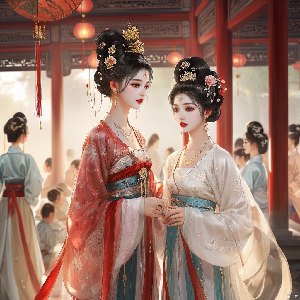  (best quality), ((masterpiece)), (highres),solo focus, detailed illustration of girls in stunning Hanfu attire are talking to each others, at an ancient Chinese banquet. Adorned with jewelry and beautiful hair ornaments, they exude elegance. Their black hair, red lips, facial decoration, and traditional makeup complement their attire. Each girl's long sleeves, earrings, and intricate hairstyles add to their charm. Despite their number, the focus remains on their collective beauty and grace.