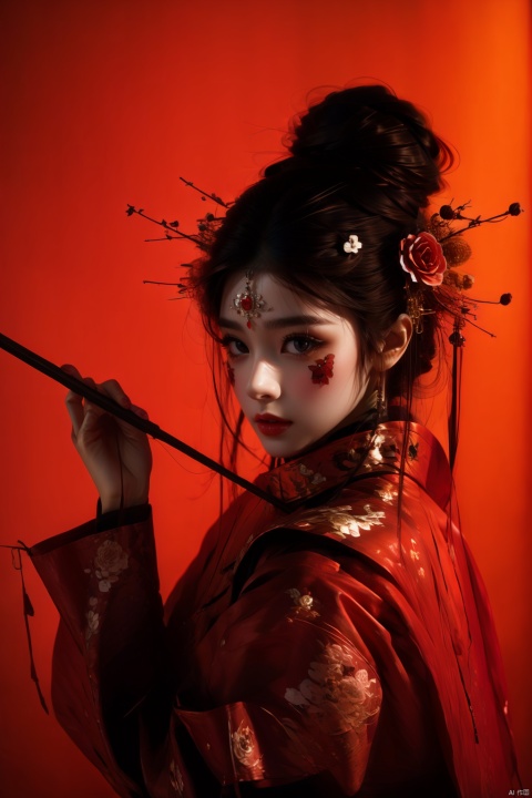  1girl, solo, long hair, looking at viewer, brown hair, black hair, hair ornament, long sleeves, holding, brown eyes, upper body, flower, hair flower, hair bun, from side, rose, chinese clothes, single hair bun, red flower, red background, hair stick, red theme