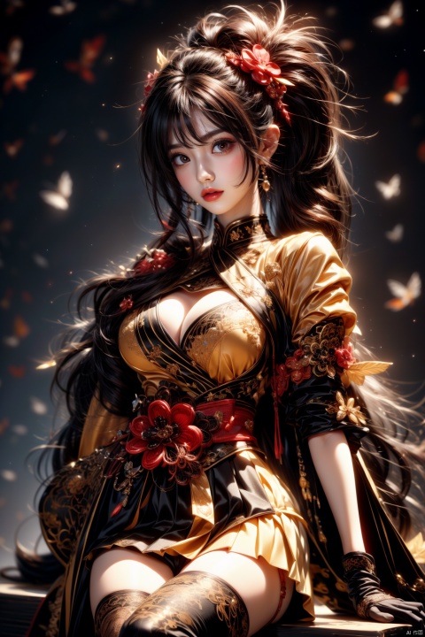  (masterpiece, best quality, best shadow,official art, correct body proportions, Ultra High Definition Picture,master composition),(bust:1.4), (light), (best hands details:1.2), 
//////
chiori, 1girl, brown hair, drill hair, hair ornament,hair flower, flower, red eyes, elbow gloves,short sleeves,wide sleeves, (japanese clothes, yellow top, black skirt), kimono, pleated skirt,dress, black thighhighs, (sexy), 
//////
(dark background), light, (in the clothing store),
//////
1girl,masterpiece, chiori, cute girl,yuzu,qianzhi, japanese clothes, Metal_wing,(large breasts:1.5)