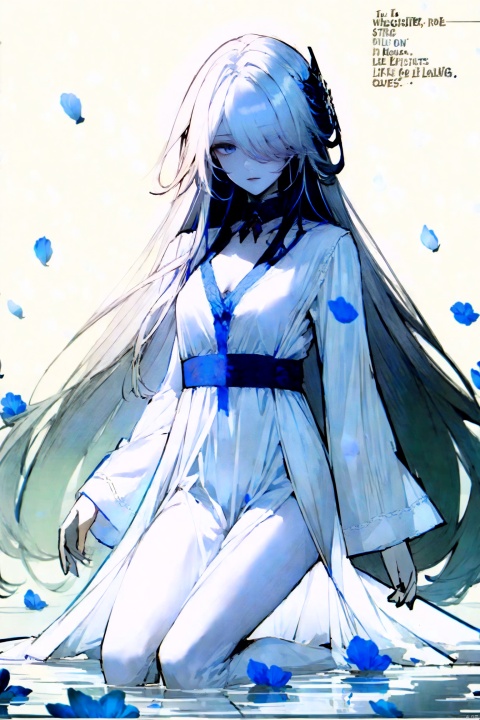  1girl, blue eyes, white long translucent night gown, expressionless, (white hair), hair cover one eye, long hair, blue hair flower, kneeling on lake, blood, (plenty of blue petals:1.35), (white background:1.5), (English text), greyscale, monochrome,greyscale,monochrome,sketch, liuying, meiren-red lips, Diagram