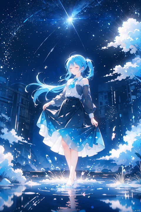  (english text:1.25),(from side), blue theme, (walking_in_liquid), standing_on_liquid, reflective_water, night, only water, (head down), closed eyes, skirt hold,(the surface of the water reflected the brigh stars), light_particles,1girl, very long hair, twintails, solo, hatsune miku, dress, blue hair, full body,water surface, reflection, star (sky), starry sky,,