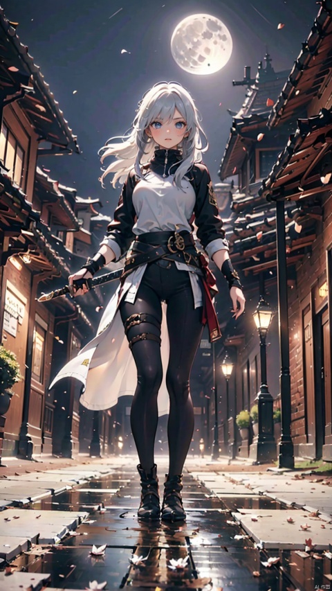  1 Girl, Solo, Female Features, Long White Hair, Sword in Hand, Sheath at Waist, Athletic Posture, Night, Outdoors, Street, Bright Full Moon, White Petals, Falling, Mirroring Floor, Splashing Sawdust. (Classic), (Very Detailed CGUnitty 8K Wall Paper), Best Quality, High Resolution Graphics.