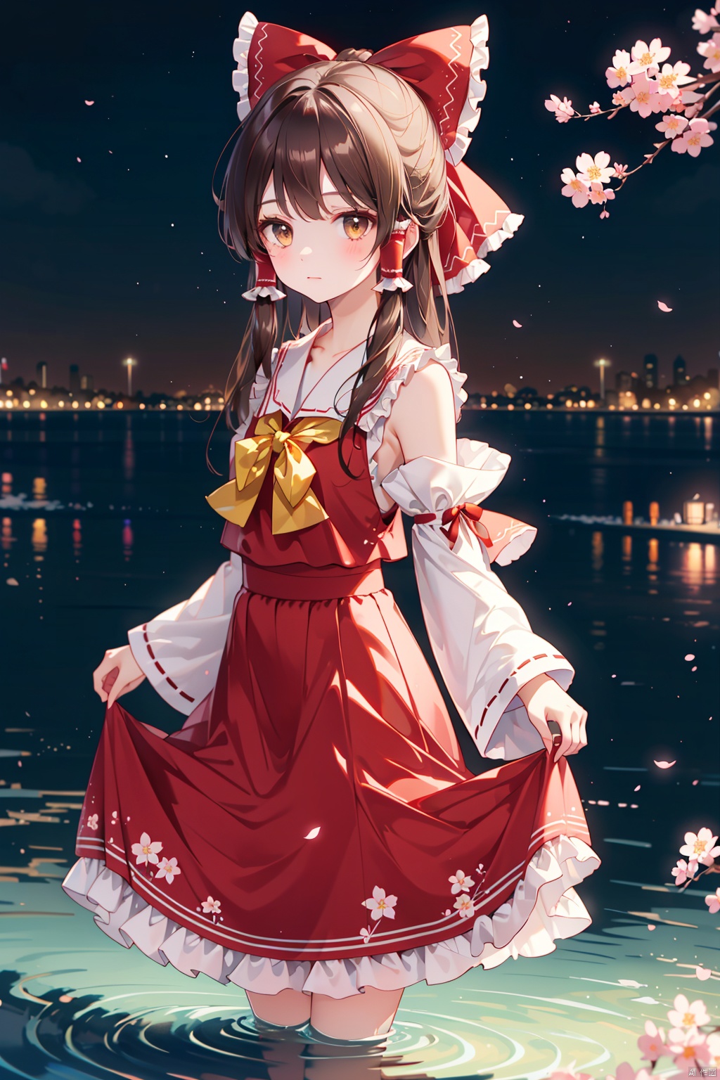  1girl, bow, solo, long hair, hakurei reimu, skirt, detached sleeves, red skirt, red bow, hair tubes, brown hair, hair bow, skirt hold, frills, yellow bow, yellow bowtie, frilled bow, wide sleeves, looking at viewer, bangs, ribbon trim, bowtie, brown eyes, wading, ribbon-trimmed sleeves, frilled hair tubes, cherry blossoms, closed mouth, sidelocks, water, shirt, red shirt, night