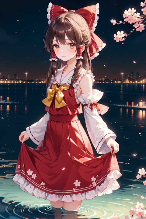  1girl, bow, solo, long hair, hakurei reimu, skirt, detached sleeves, red skirt, red bow, hair tubes, brown hair, hair bow, skirt hold, frills, yellow bow, yellow bowtie, frilled bow, wide sleeves, looking at viewer, bangs, ribbon trim, bowtie, brown eyes, wading, ribbon-trimmed sleeves, frilled hair tubes, cherry blossoms, closed mouth, sidelocks, water, shirt, red shirt, night