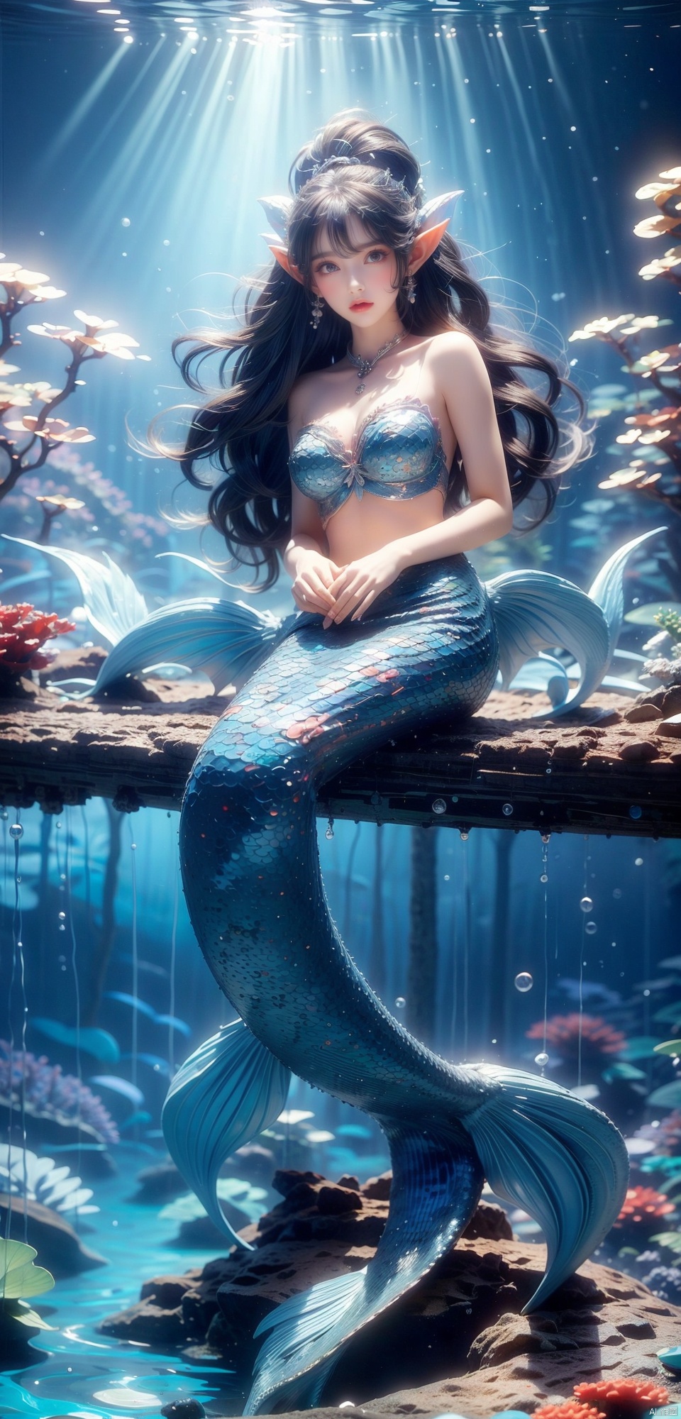  The mermaid, a girl, is at the bottom of the sea at night (a blue moonlight shines on the mermaid princess. The mermaid sits on the reef like an elf: 1.31). It has a beautiful posture, surrounded by sardine, beautiful water plants in the foreground, sparkling corals in the distance, beautiful bubbles, full body photos, ultra wide-angle lens, depth of field, (Beautiful composition, unified 8k wallpaper, super details, aesthetics, masterpiece, best quality, photos, masterpiece, authenticity, very detailed: complex details: 1.3),(Real scene, real light and shadow, real photos:1.32), 8k, (masterpiece), photos, wlqc, mermaid,solo,watercolor senery