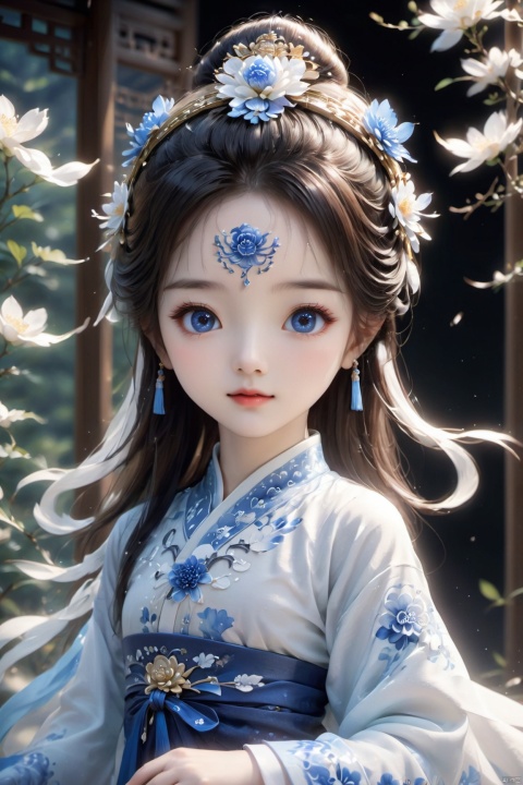  upper body, Floral headdress, blue and white porcelain theme,
A young woman wears a Chinese-style dress made of blue and white porcelain.
,FilmGirl,han,jianjue,1girl,xxmix_girl,m-girl,1 cute little girl