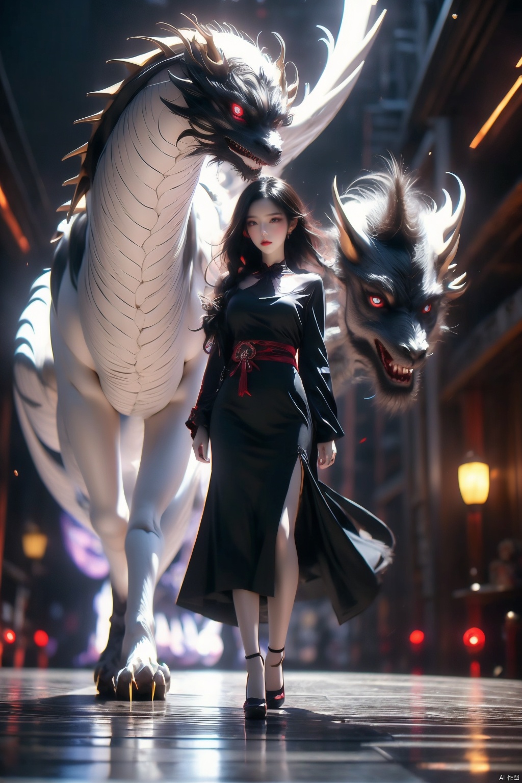  (Ultra wide angle lens), viewed from below,1girl,Wide angle lens, black dress,Full body, walking,(white dragon),1girl