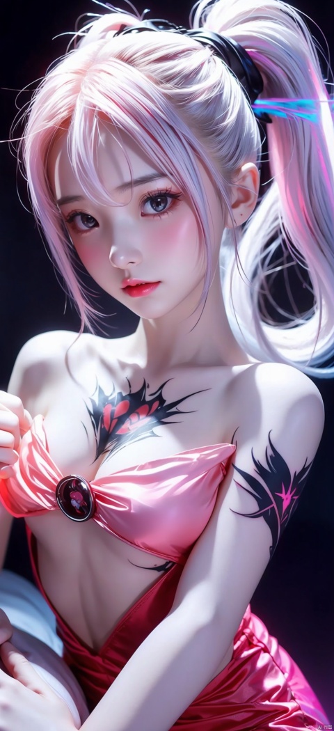  1girl,Long hair, (glowing:1.5),ponytail,fire, white hair,Off Shoulder,neon lamp, xiaowu, 1 girl, tattoo,Chest tattoo