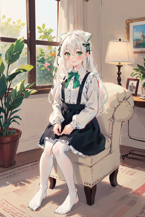 1girl, solo, pantyhose, green eyes, white pantyhose, center frills, long hair, long sleeves, frills, bow, no shoes, sitting, shirt, hair between eyes, skirt, white shirt, smile, chair, bangs, hair bow, looking at viewer, very long hair, closed mouth, blush, frilled skirt, on chair, sleeves past wrists, full body, indoors, black skirt, suspender skirt, green theme, green bow, white bow, feet, plant, white hair, puffy long sleeves, day, suspenders, pantyhose, backlight, cute girl,