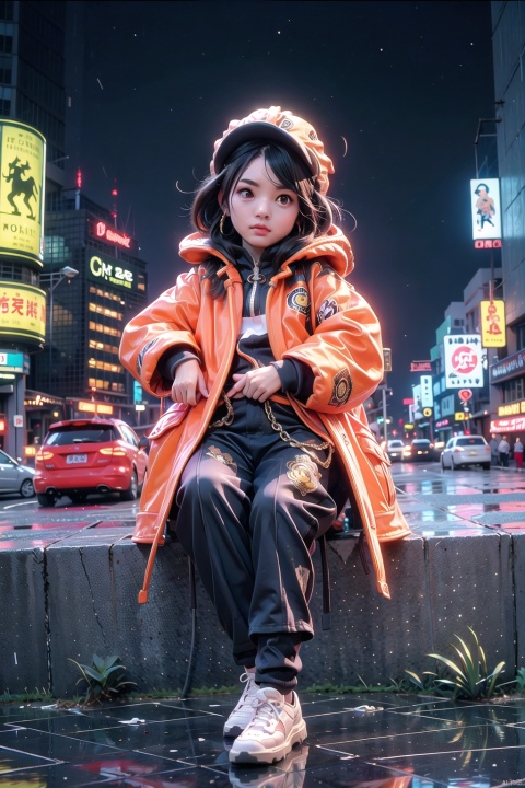  skyscraper, building, city, cityscape, hat, earrings, baseball_cap, 1girl, long_hair, jacket, chain-link_fence, hood, bridge, solo, architecture, shoes, sitting, city_lights, east_asian_architecture, looking_at_viewer, , neonpunkai, BJ_Violent_graffiti, midjourney, Urban techwear,Outfit,dragonhead