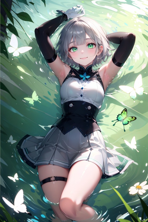  1girl, solo, bug, green eyes, butterfly, gloves, lying, skirt, on back, smile, elbow gloves, looking at viewer, water, white gloves, short hair, thigh strap, arms up, grey skirt, bangs, holding