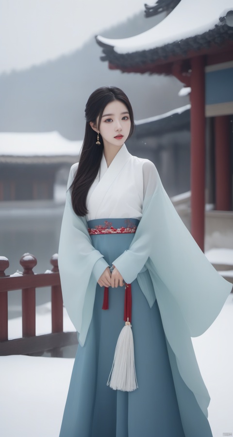  A winter fashion influencer donning a hanfu-inspired ensemble, blending traditional elements with modern trends. She poses against snowy backdrops, exuding effortless style and elegance.