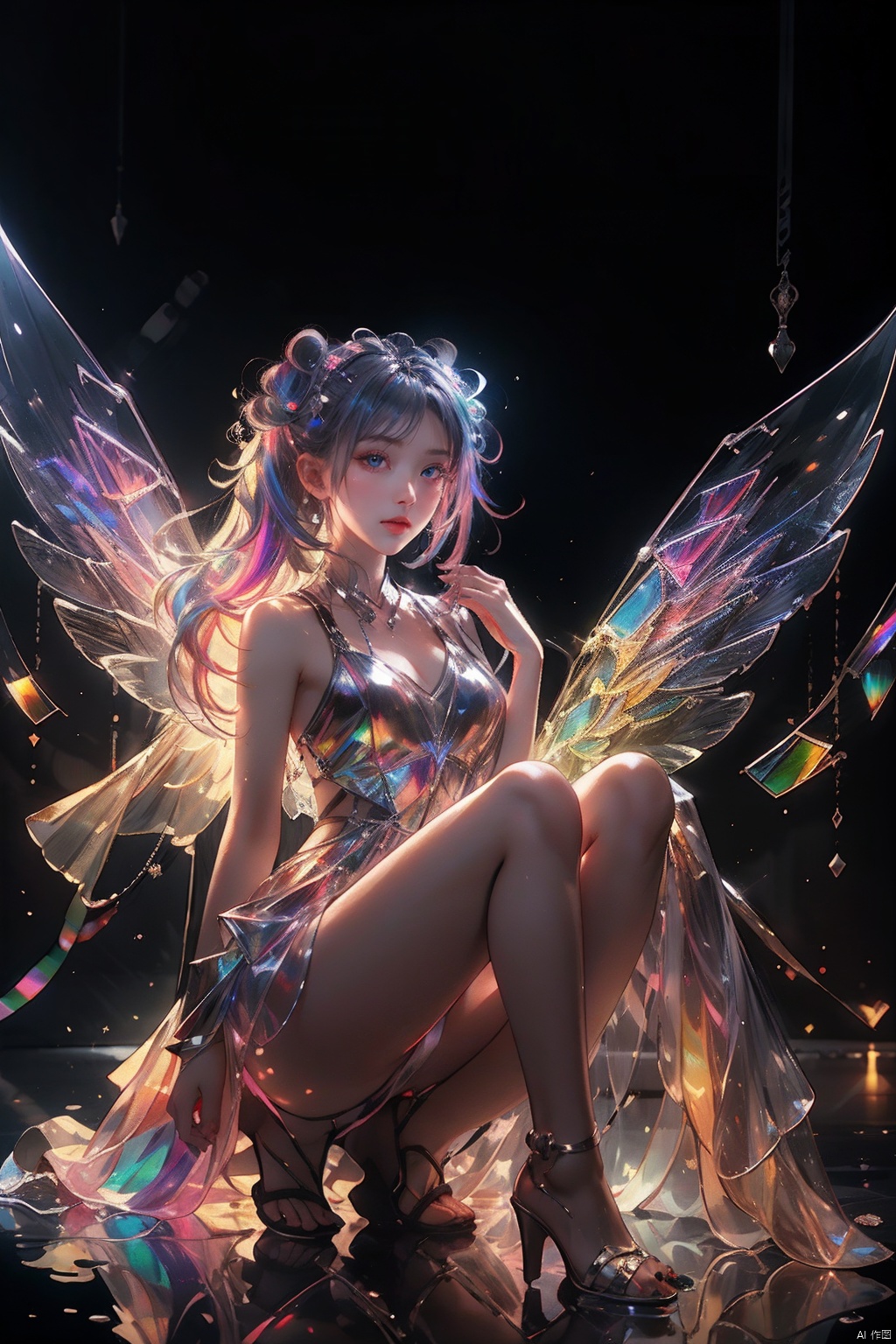  ((best quality)),((masterpiece)), 20-year-old girl, knee shot, hair fluttering, (long hair),jewelry, twintails, hair bun, 

chromatic dispersion, glowing colors, 
(metallic_lustre:1.3), (transparent_plastic:1.1), coloured glaze, Polychromatic prism effect, rainbowcore, iridescence/opalescence, see_through, aluminum foil, glowing ambianc, 
night sky city background, neon, star, standard-breast, ,liuli2,tifa